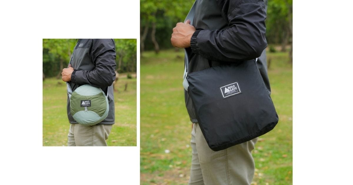 ide-by-side comparison of the compact carry bags for Navigate Clothing's motorcycle rain gear. The image shows the round pouch for the raincoat set and the square pouch for the rain poncho, highlighting their portability for riders in Nepal.