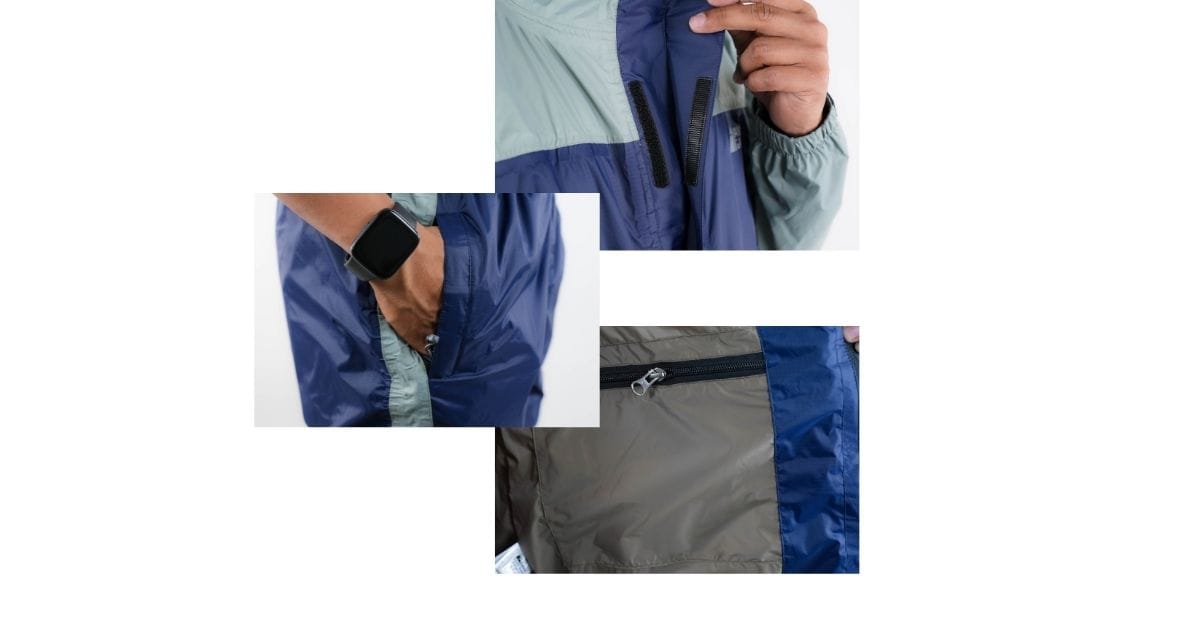 A collage of close-up details on the Navigate motorcycle rain suit, showing the secure velcro front closure, deep waterproof trouser pockets, and a secure internal zippered pocket, highlighting the quality of this rain gear in Nepal.