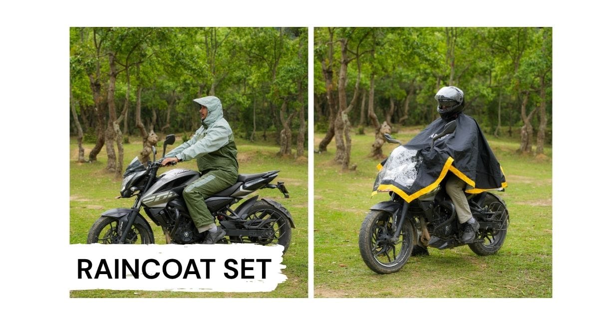 A side-by-side comparison of two Navigate Clothing raincoat styles for motorcyclists. On the left, a rider wears a full two-piece green rain suit. On the right, a rider uses a large, black and yellow poncho-style raincoat that covers the person and the front of the motorcycle.