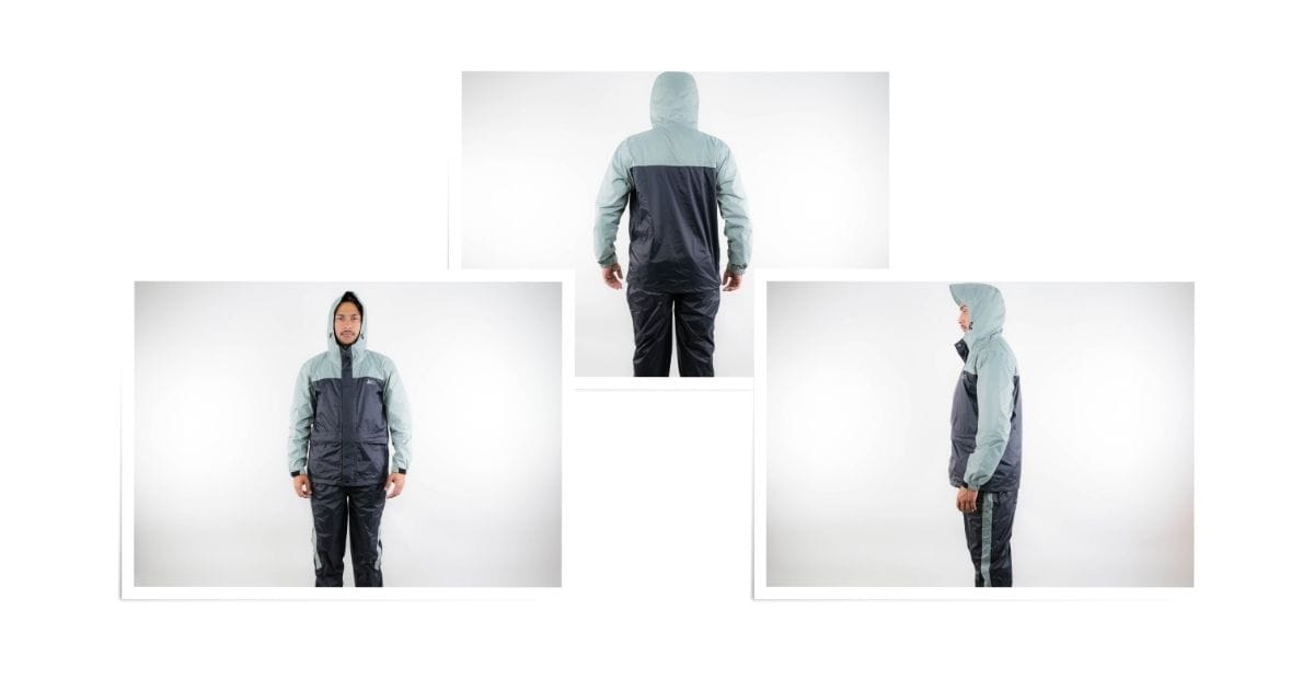Collage showing the front, back, and side views of the Navigate Clothing motorcycle raincoat set. The model wears the two-tone waterproof jacket and matching pants, showcasing the full coverage of this rain suit available in Nepal.