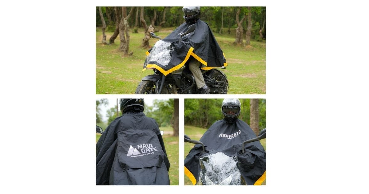  A collage of the Navigate Clothing motorcycle rain poncho, showing its full coverage on a bike, the clear waterproof panel for the headlight, and the Navigate brand logo on the front and back. This is ideal waterproof riding gear for bikers in Nepal.