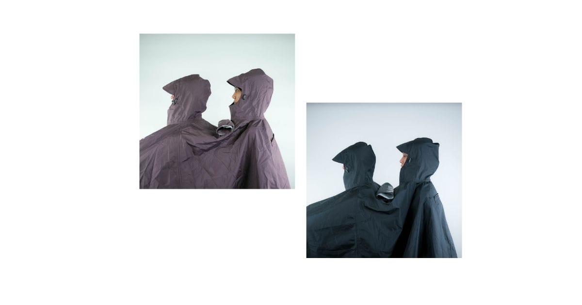  Collage of the Navigate two-person motorcycle poncho in purple and black. The images focus on the innovative double-hood design with built-in visors, offering clear visibility and waterproof protection for both the driver and pillion rider in Nepal.