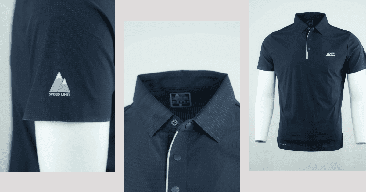 Close-up of Navigate Speed Limit T-Shirt showing sleeve logo, detailed collar design, and full front view on mannequin. Highlights premium stitching, button design, and brand identity.