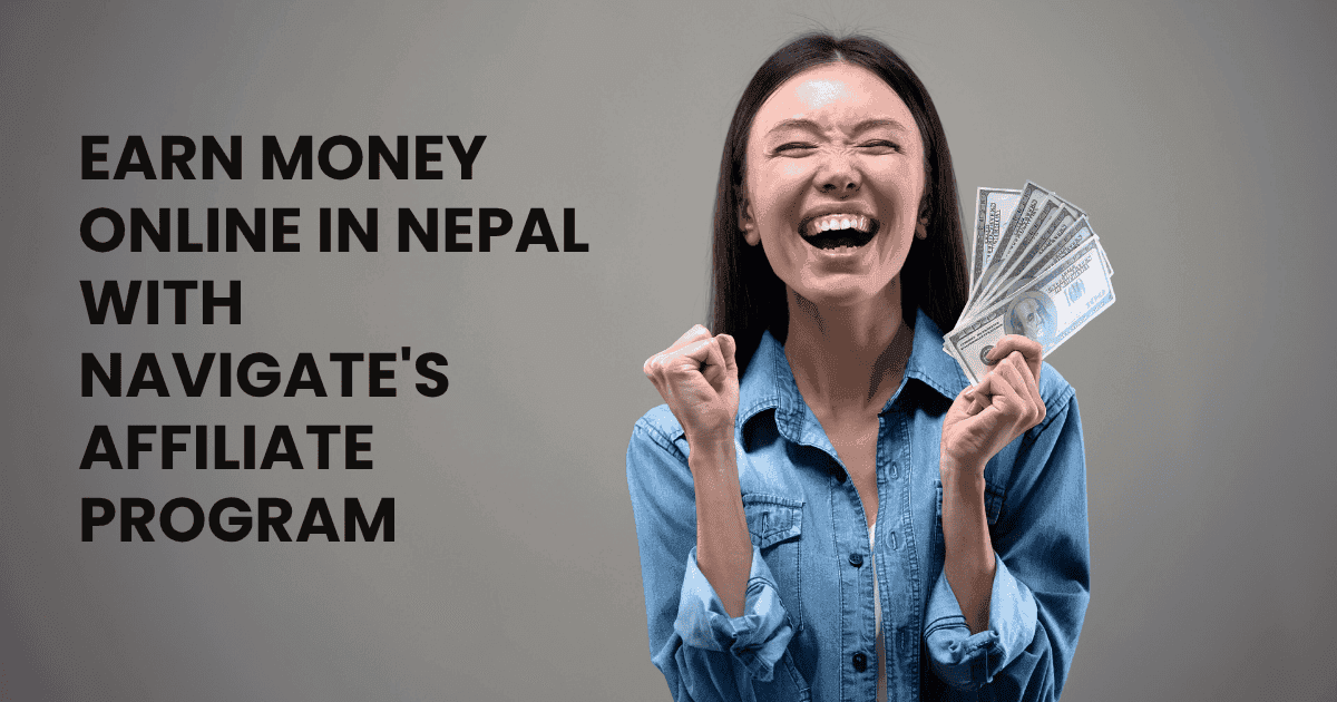 "Excited woman holding dollar bills, promoting Navigate Clothing’s affiliate program to earn money online from Nepal and globally."